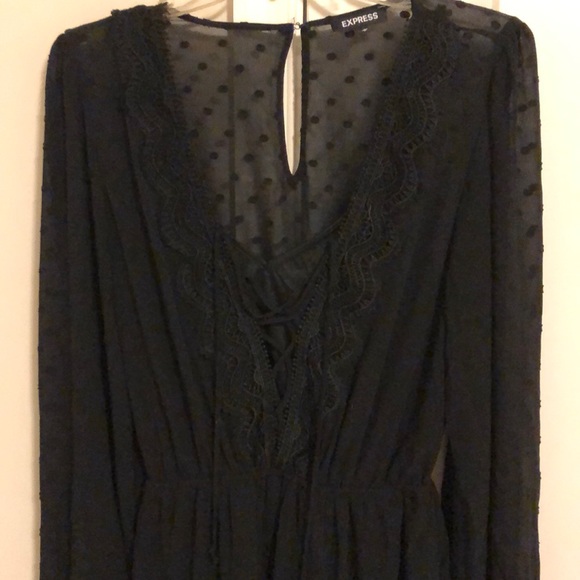 Express Black Clip Dot Sheer Chiffon Romper; tonal dot pattern and lace detail - Picture 3 of 8